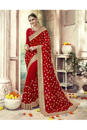 Red Faux  Georgette  Embroidered  Traditional  Saree 7404